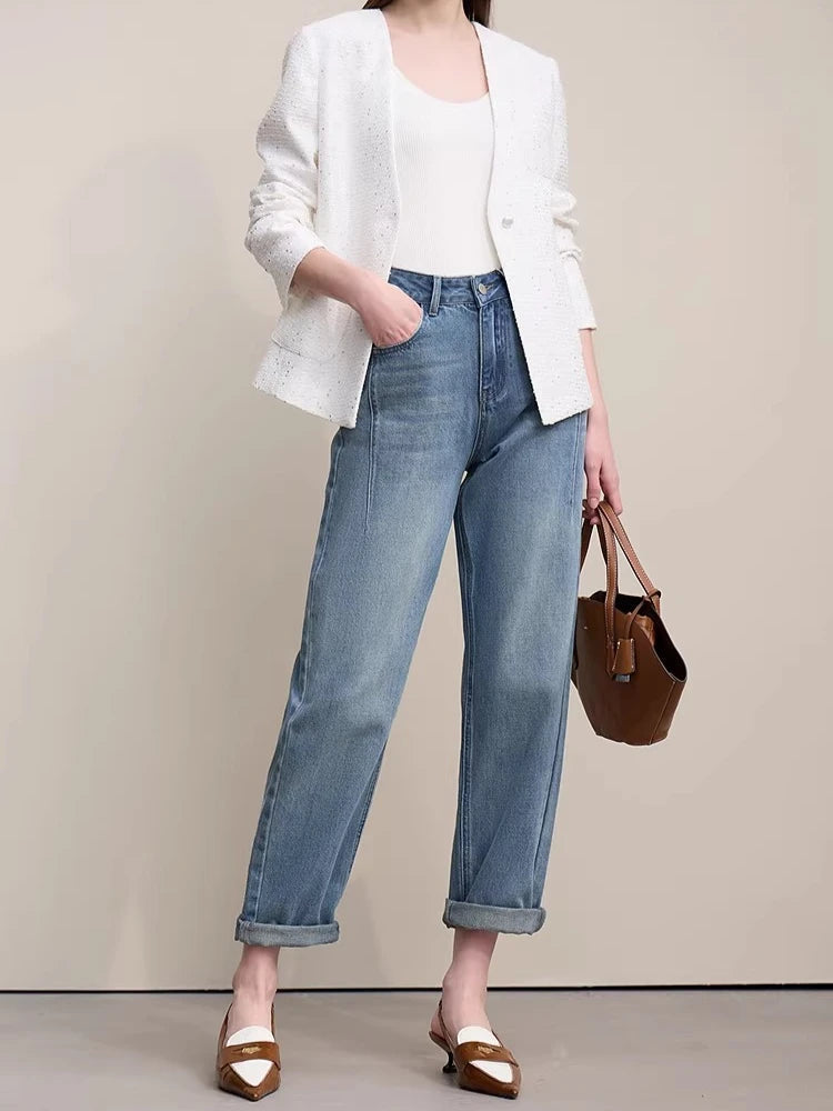 Amii Straight-leg Pants 2026 Spring New Solid Color Casual Washed Denim Trousers Versatile Basic Cotton Women's Pants 12621040 Loran