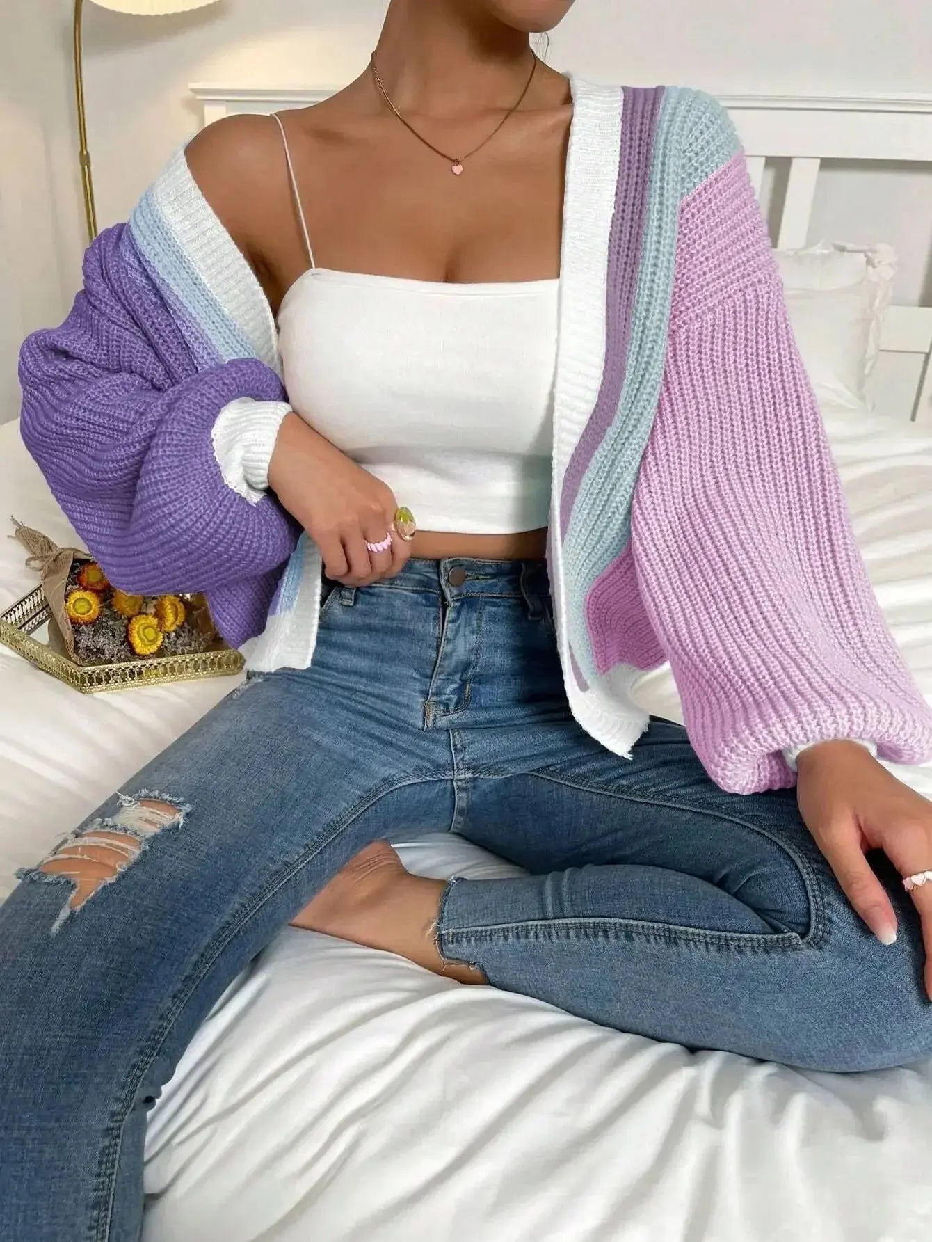 Fashionable Multi-Bar Color Block Sweater Top - Loran