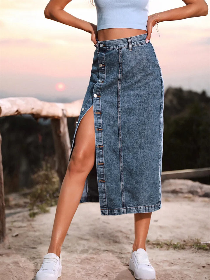 Denim Maxi Skirt Side Split - 3IN SMART Shop  #