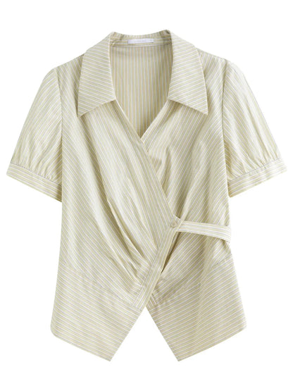 Summer Women's Striped Wrap-Front V-Neck Shirt - Loran