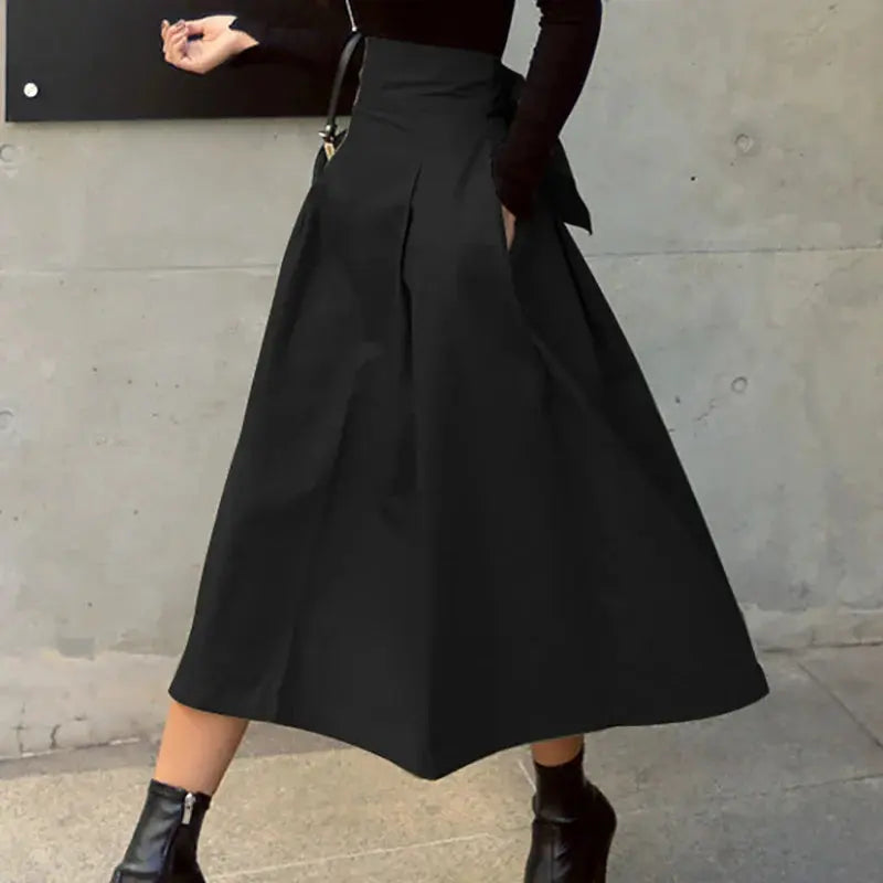 Solid Color Elegance: Slimming High-Waist Skirt with Bow Detail - Loran