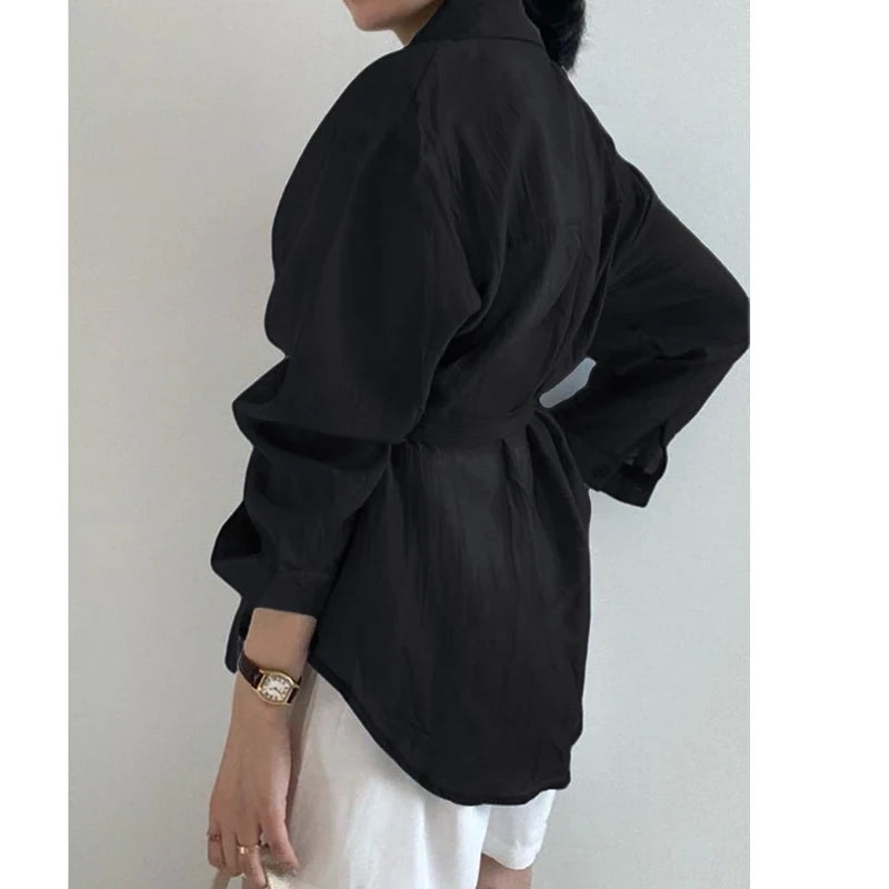 Chic Long Sleeve Button-Down Shirt with Asymmetrical Hem