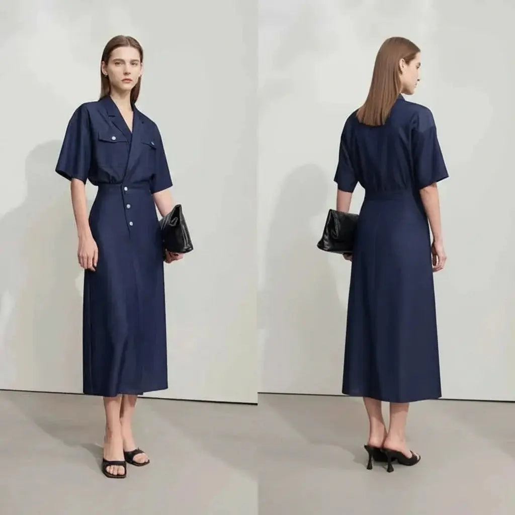 Draped Flip-Neck Denim Shirt Dress - Loran