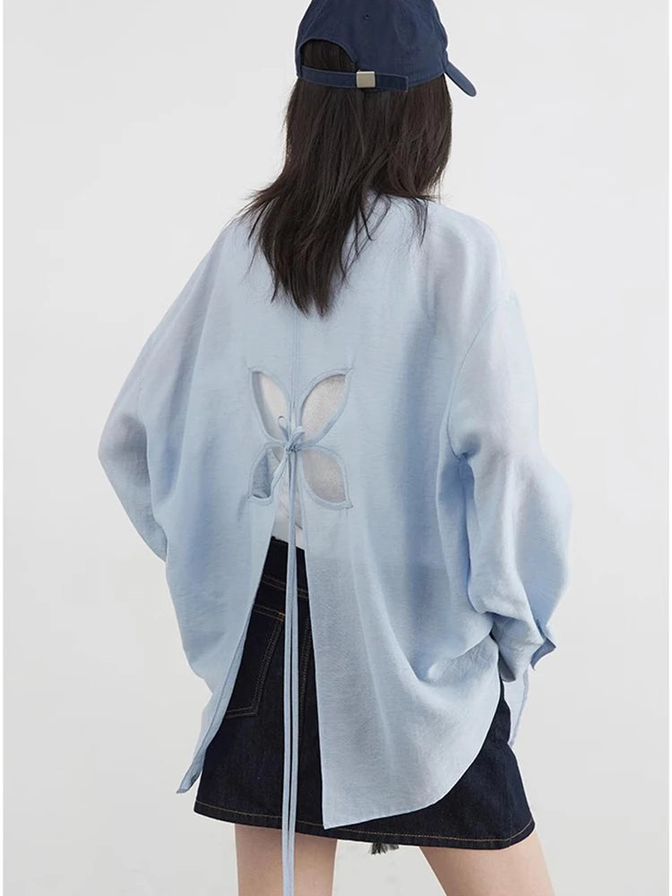Back Hollow Out Long Sleeve Blouse Casual Loose Shirt Loran