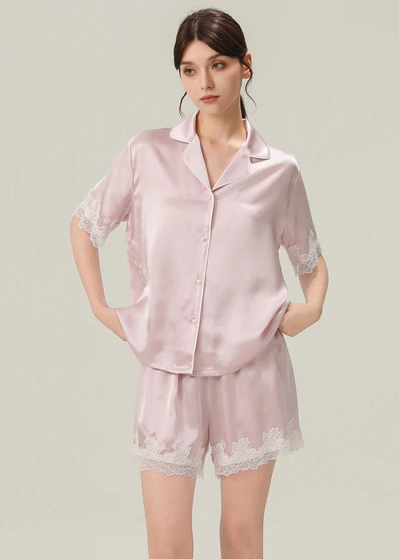 Fimtariah  19mm Lace Silk Pajama Two-piece Set Short Sleeves Women Summer  Spring Soft   high-end silk home wear for mothers Loran
