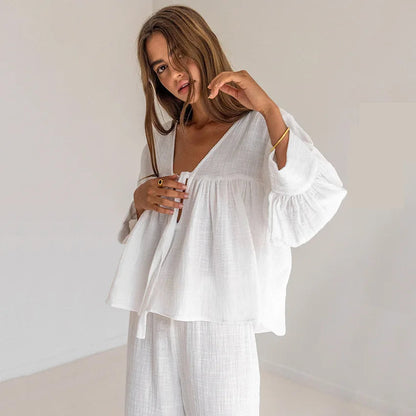 Cotton 2 Piece Sets Women's Nightwear Three Quarter Sleeve V Neck Pajamas Loose Trouser Suits Female Sleepwear Home Clothes Loran