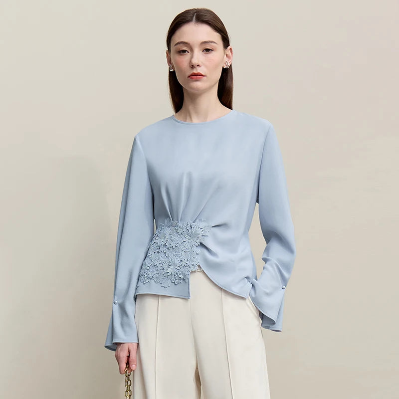 Amii Women's Blouse 2026 Spring New Elegant Commuter Crew Neck Lace Chiffon Women's Shirt Loose Versatile Elegant Top 12681001 Loran