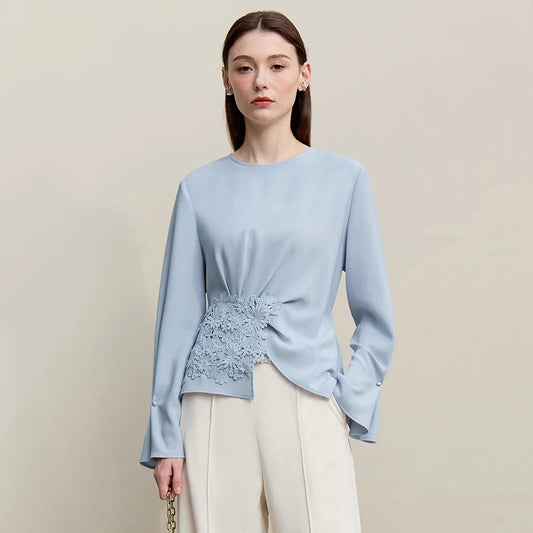 Amii Women's Blouse 2026 Spring New Elegant Commuter Crew Neck Lace Chiffon Women's Shirt Loose Versatile Elegant Top 12681001 Loran