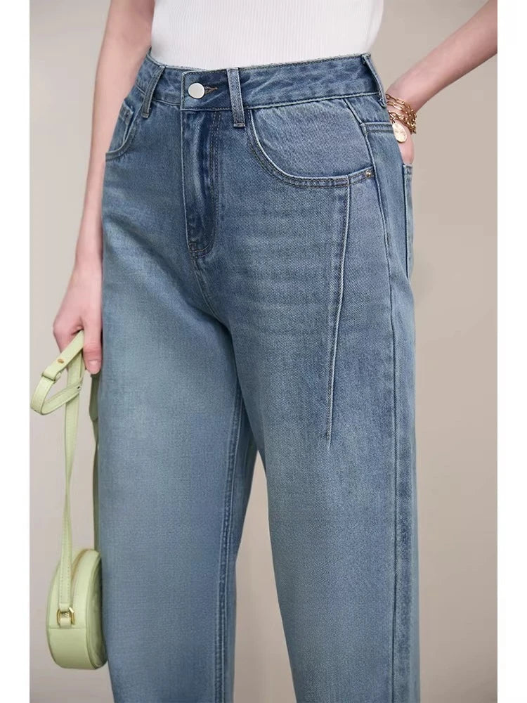Amii Straight-leg Pants 2026 Spring New Solid Color Casual Washed Denim Trousers Versatile Basic Cotton Women's Pants 12621040 Loran