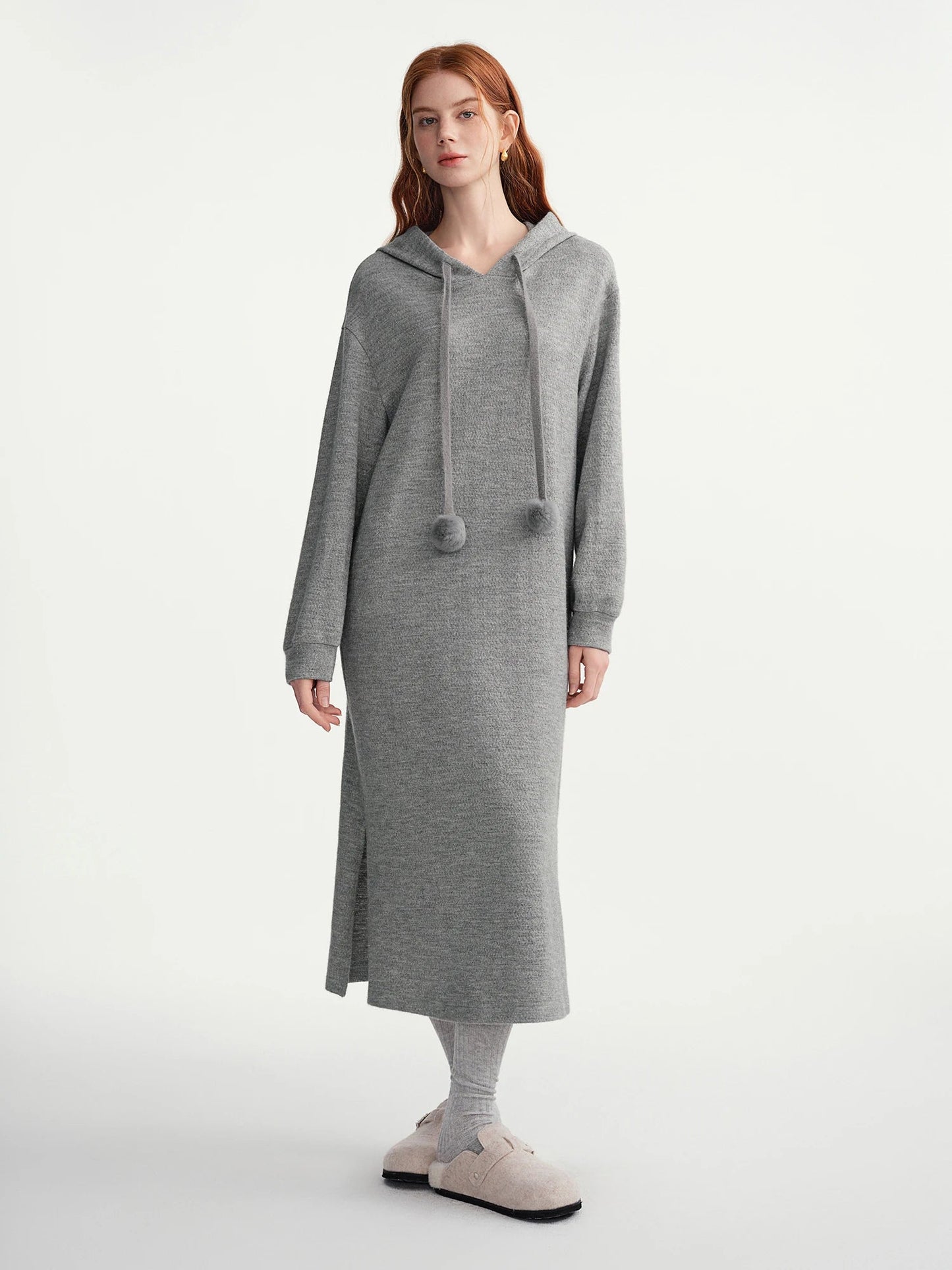Hooded Knit Dress Drawstring Waist Winter Tunic Loran