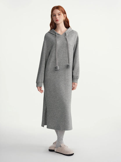 Hooded Knit Dress Drawstring Waist Winter Tunic Loran