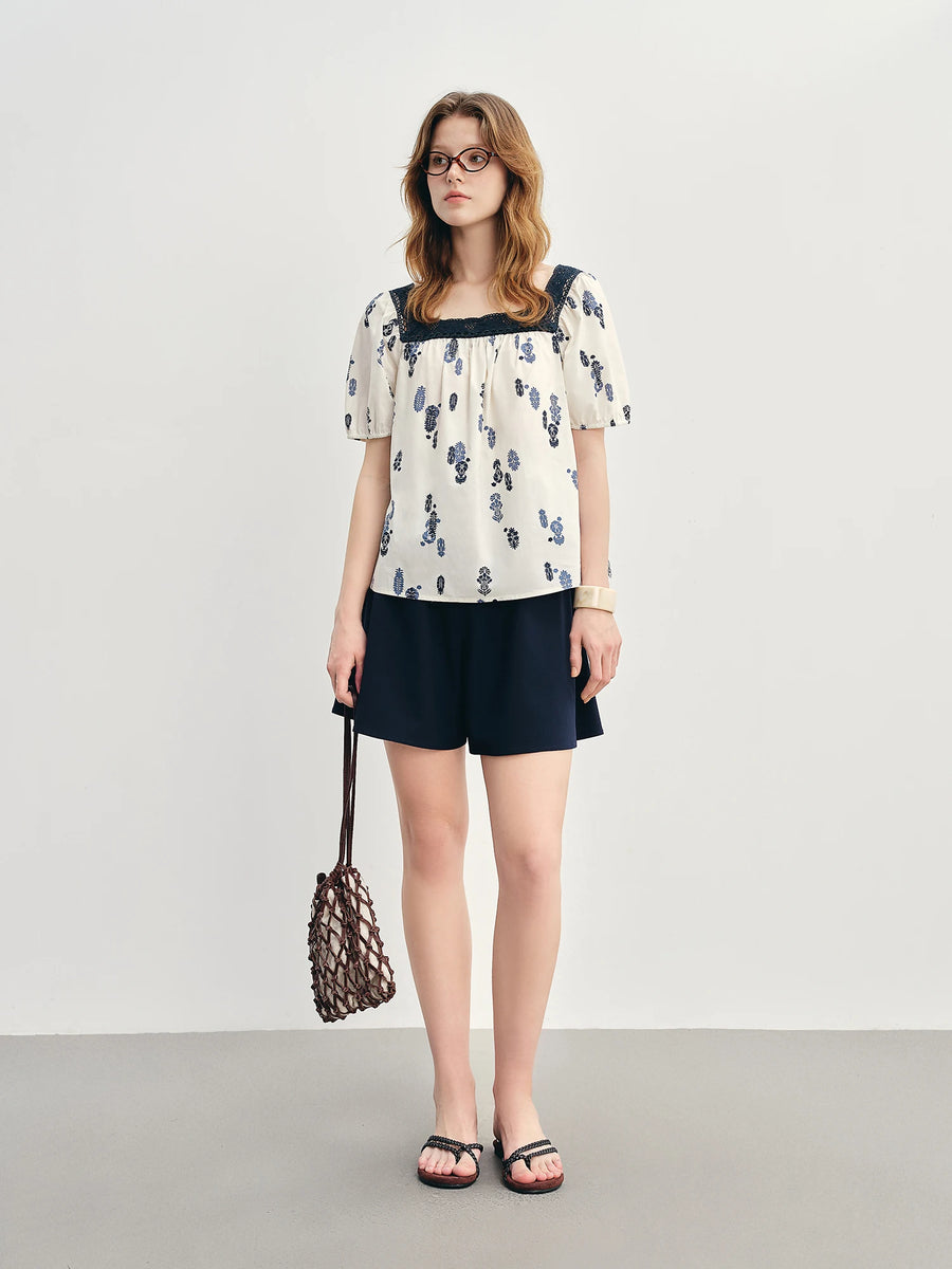 Plus Size Square Neck French Lace Short Sleeve Blouse