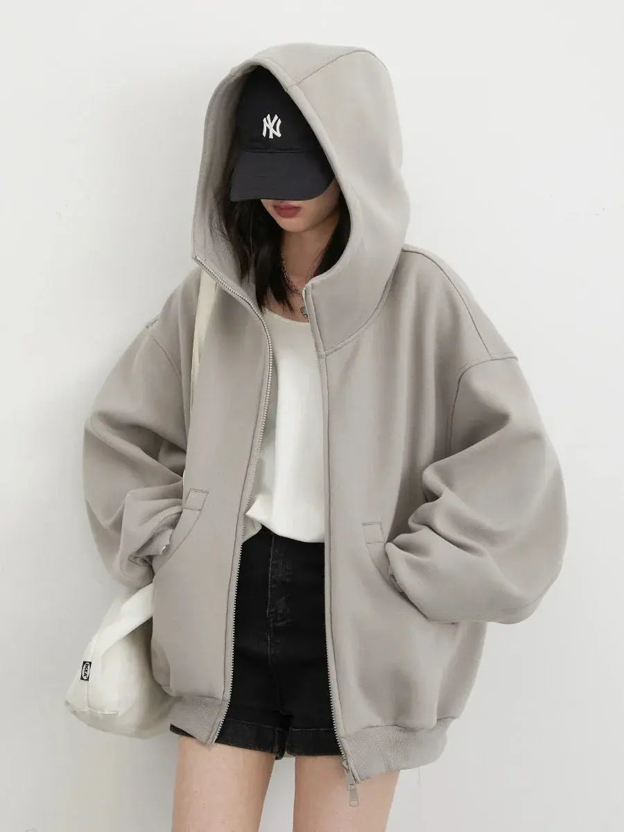 Plush Lined Oversize Coat with Double Zipper - Loran