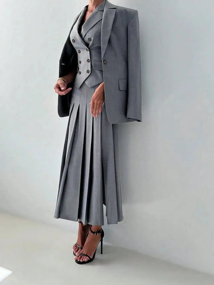 3-Piece Women's Business Suit: Vest, Pleated Skirt & Jacket - Loran