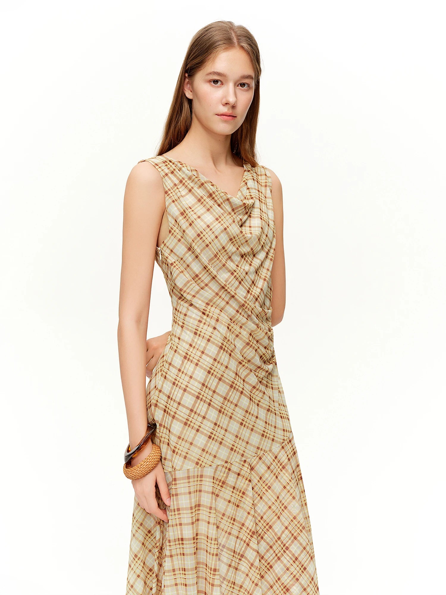 Brown Retro Plaid Mesh Maxi Dress Romantic Style