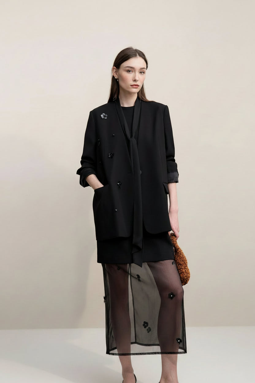 Amii Women's Jacket 2026 Spring New Elegant Commuter Beaded Flower Chiffon Streamer Tie Blazers Solid Loose V-Neck Top 12641078 Loran
