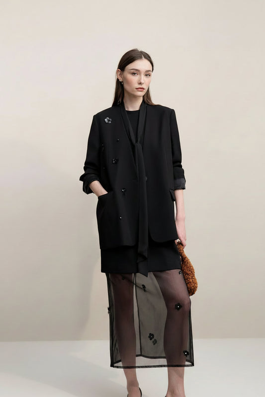 Amii Women's Jacket 2026 Spring New Elegant Commuter Beaded Flower Chiffon Streamer Tie Blazers Solid Loose V-Neck Top 12641078 Loran