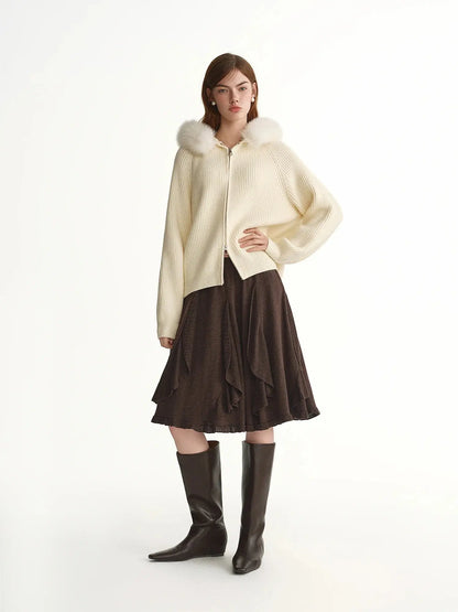 DUSHU 2025 Winter Women's Detachable Faux Fur Hooded Knit Cardigan - Long Sleeve Open Front Cozy Sweater for Casual Outerwear LORAN STORE