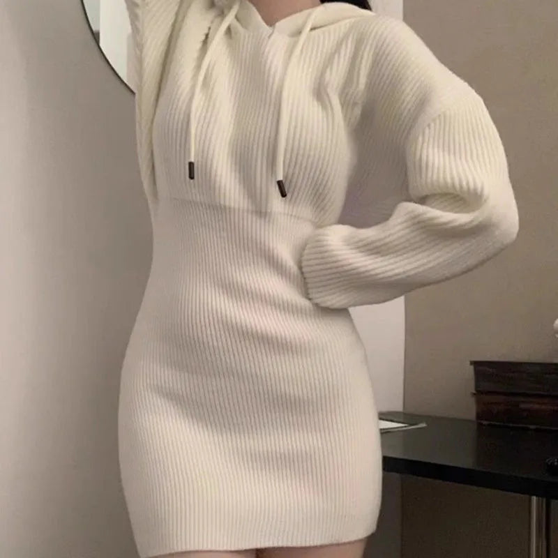 Chic High-Waist Bandage Knit Dress with Hood