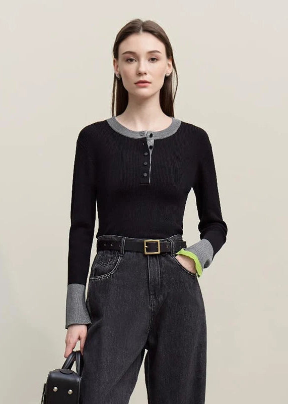 Amii Women's Sweater 2026 Spring New Commuter Round Neck Contrasting Color Knitted Sweater Button Half-placket Slim Top 12621047 Loran
