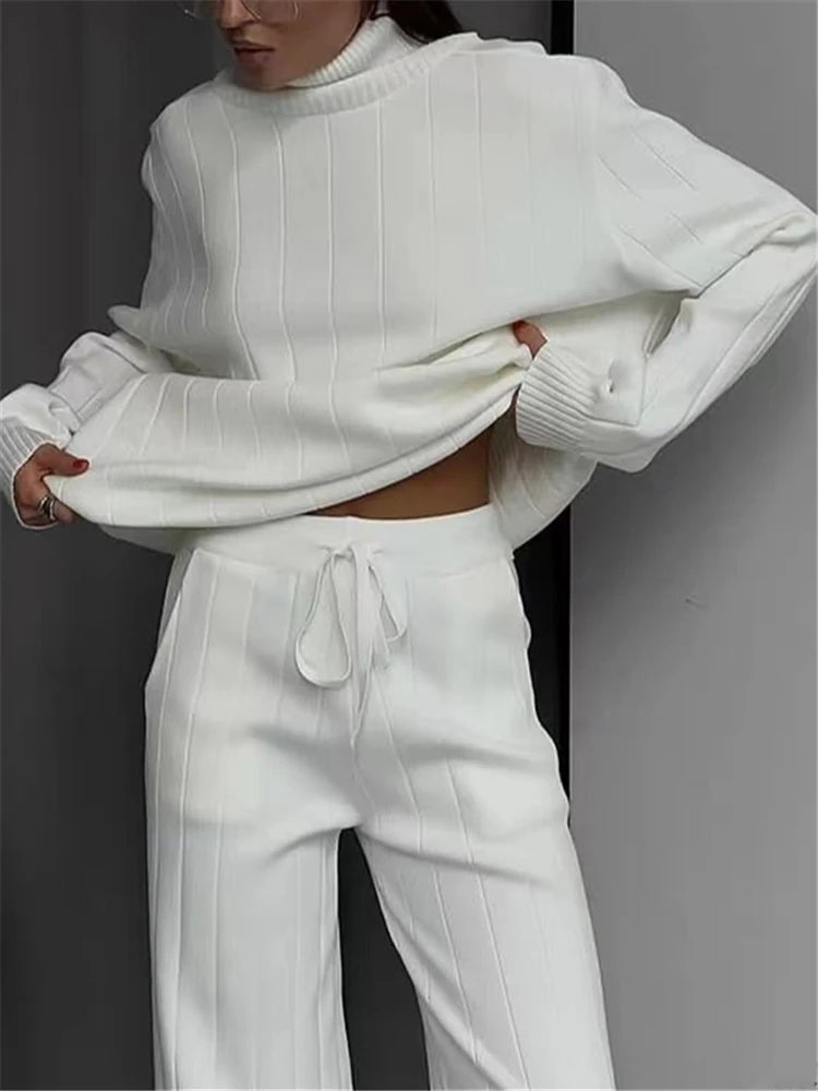 Women's White Knitted Turtleneck & Jogger Pant 2-Piece Set