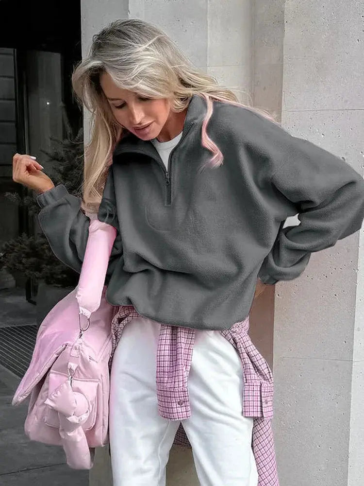 Solid Color Zip-Up Sweatshirt - Loran