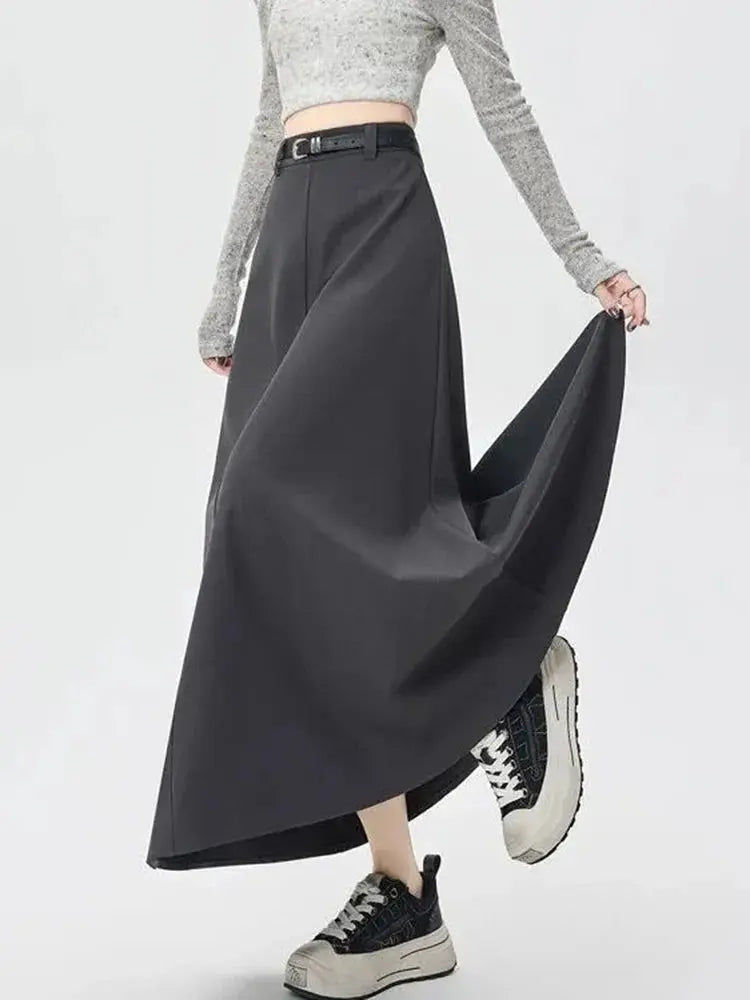 High-Waist A-Line Pleated Midi Skirt with Tie Belt - Loran