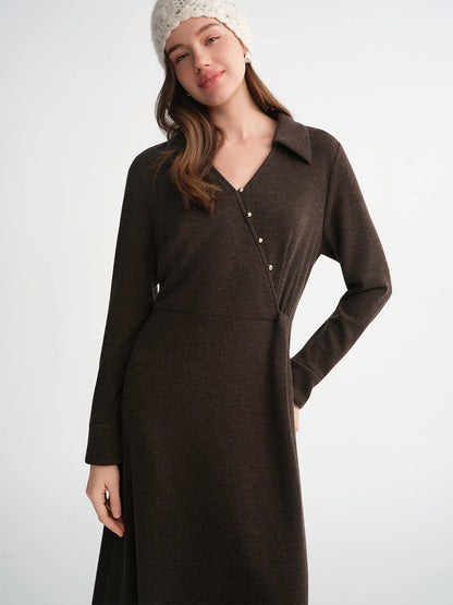 Women’s V-Neck Slant Placket Knitted Dress Retro Winter Style Loran