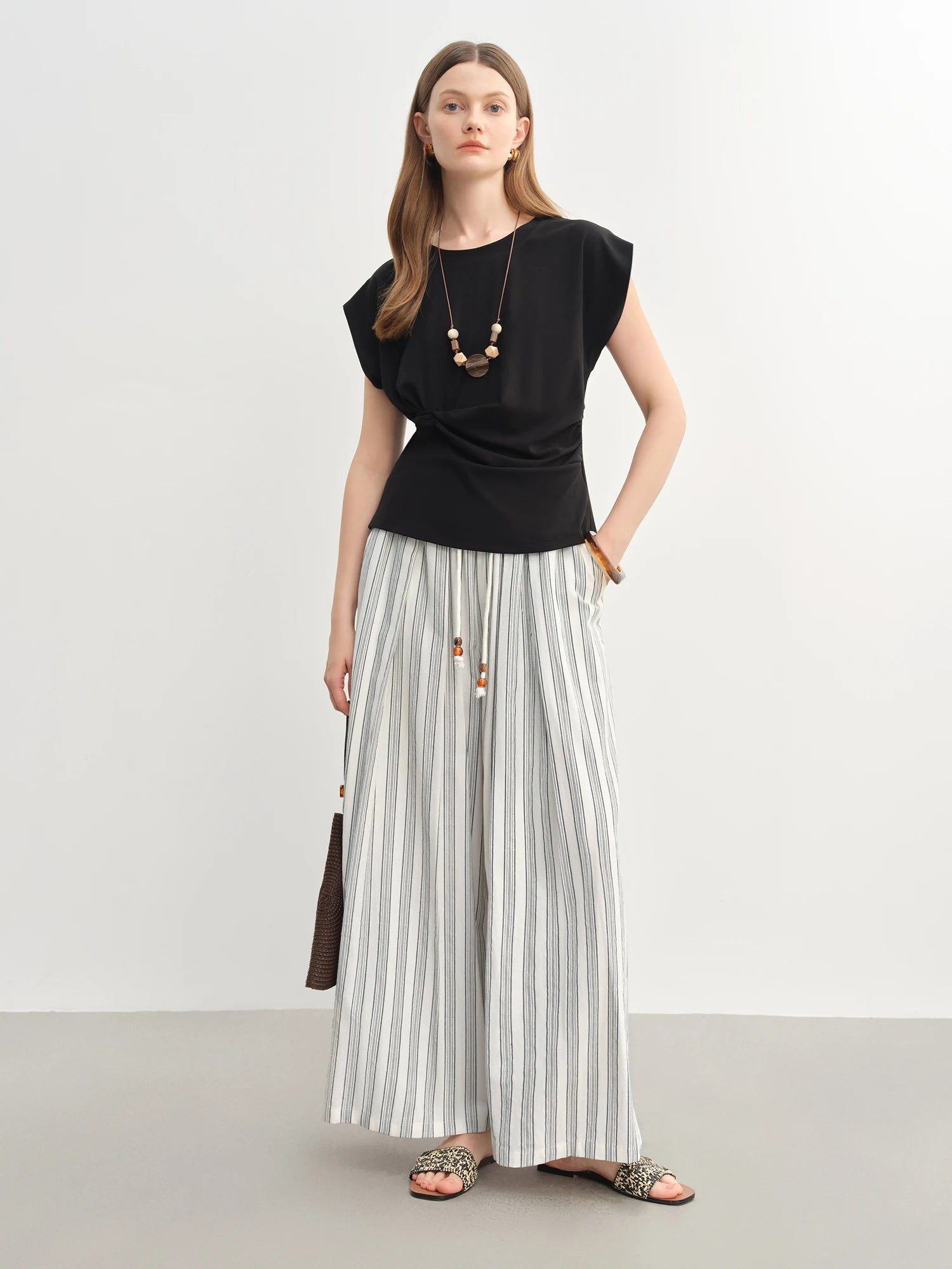 Cotton-Linen Wide Leg Pants Striped Resort Wear