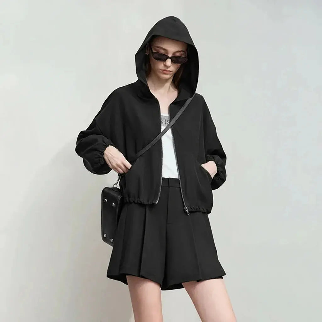 Simple Loose Fit Pleated Hooded Jacket - Loran