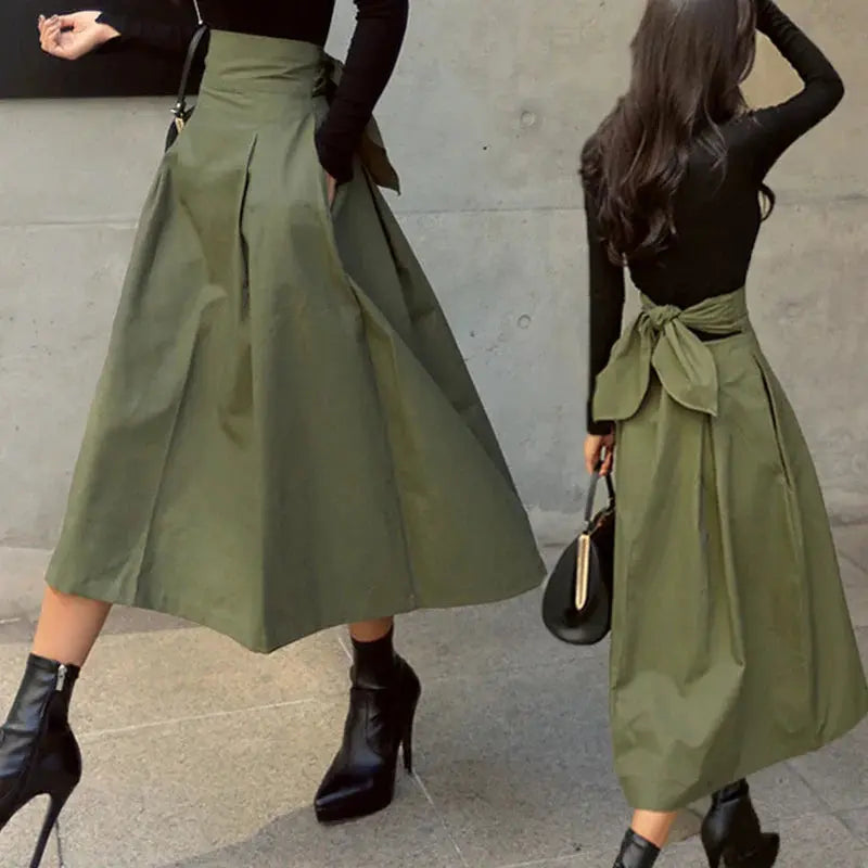Solid Color Elegance: Slimming High-Waist Skirt with Bow Detail - Loran