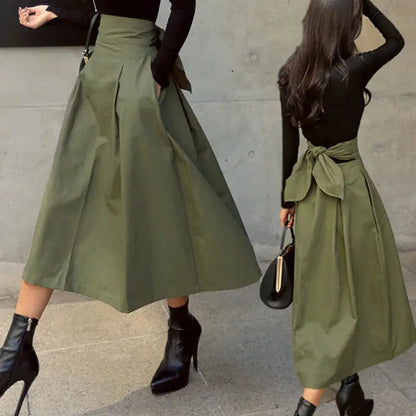 Solid Color Elegance: Slimming High-Waist Skirt with Bow Detail - Loran