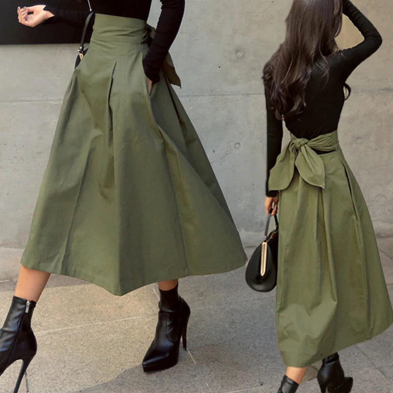 Solid Color Elegance: Slimming High-Waist Skirt with Bow Detail