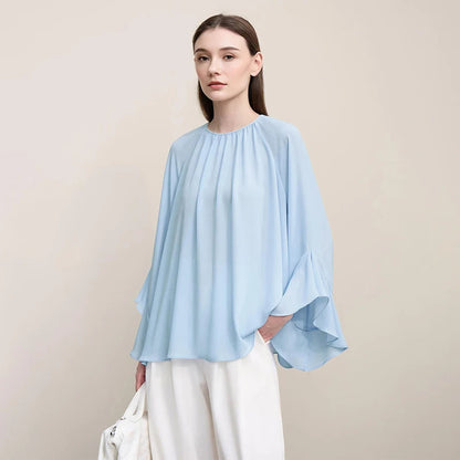 Amii Women Blouse 2026 Spring New O-Neck Raglan Flare Sleeve Chiffon Shirt Versatile Elegant Women's Long Sleeve Top 12621052 Loran