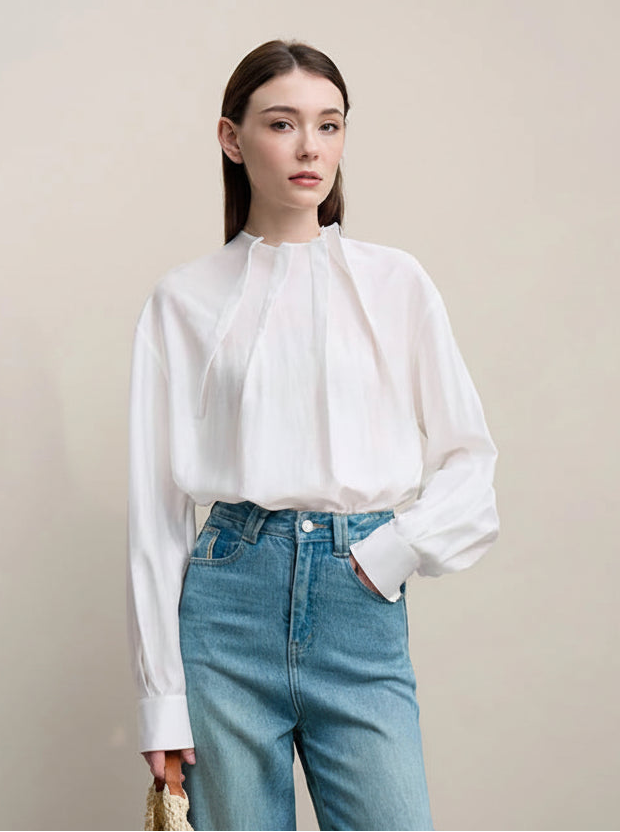 Elegant Women's Pleated Chiffon Stand Collar Shirt