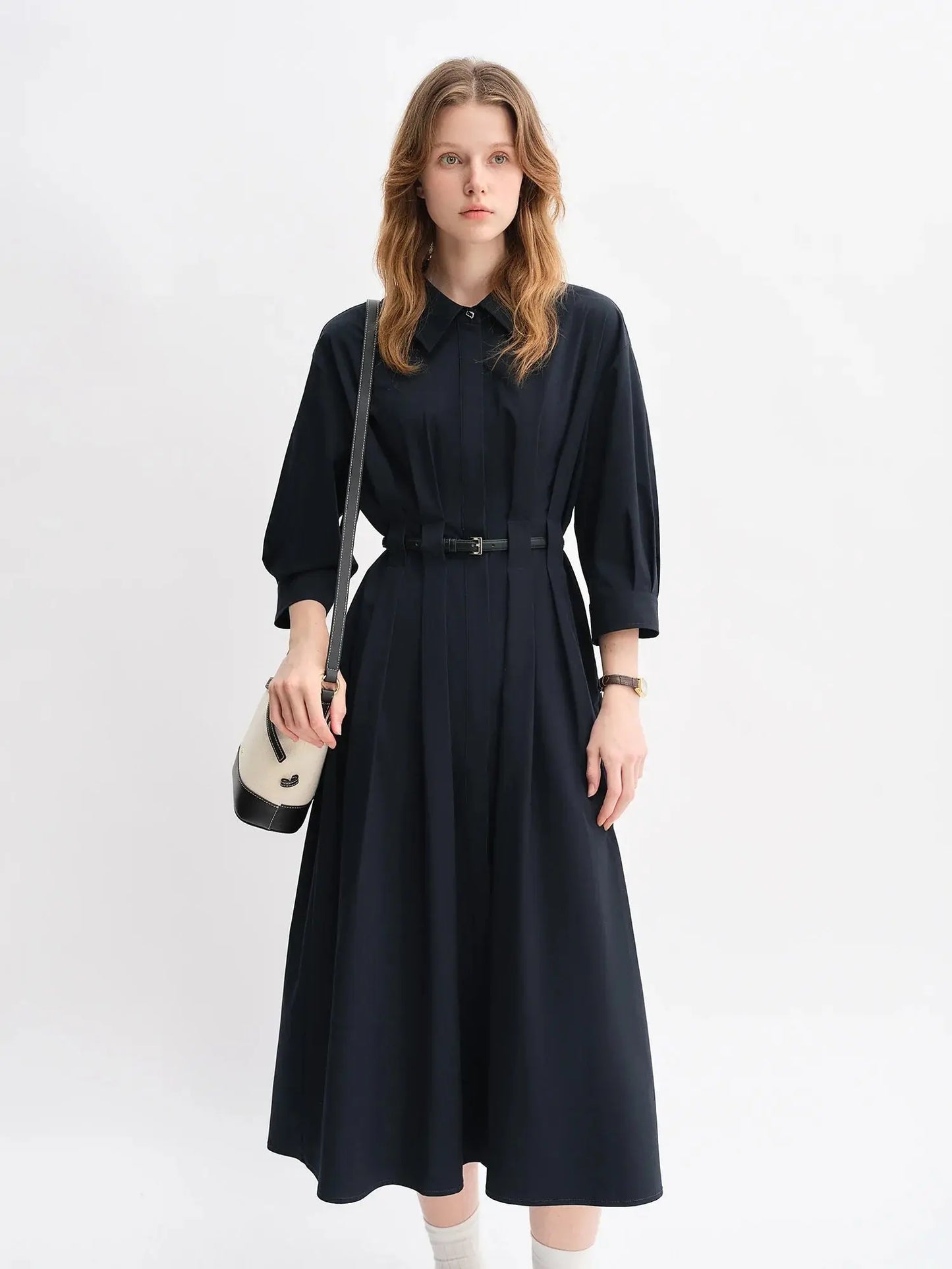 Autumn Vertical Stripe Pleated Shirt Dress with Belt - Loran