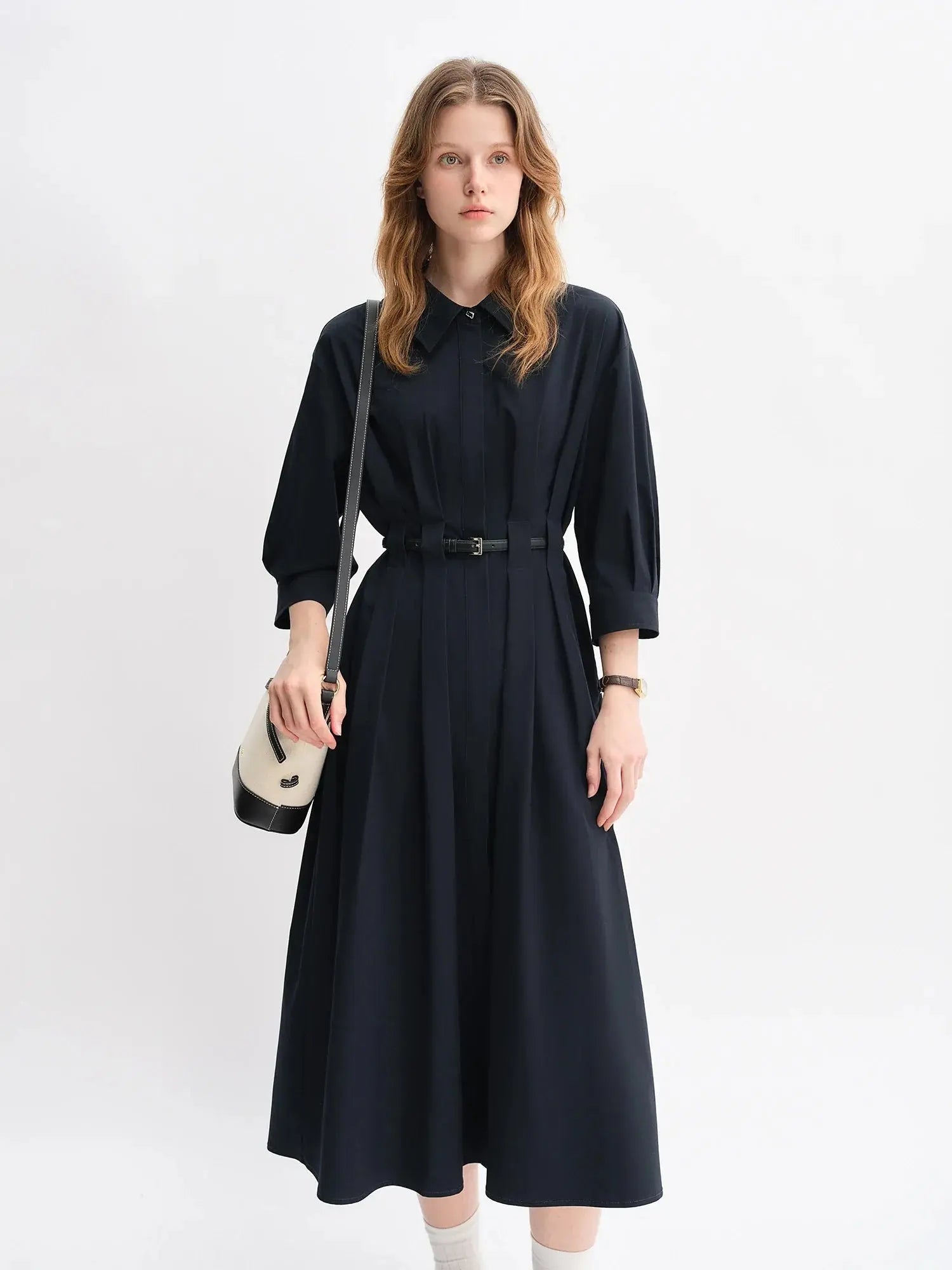 Autumn Vertical Stripe Pleated Shirt Dress with Belt - Loran