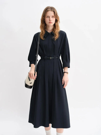 Autumn Vertical Stripe Pleated Shirt Dress with Belt - Loran