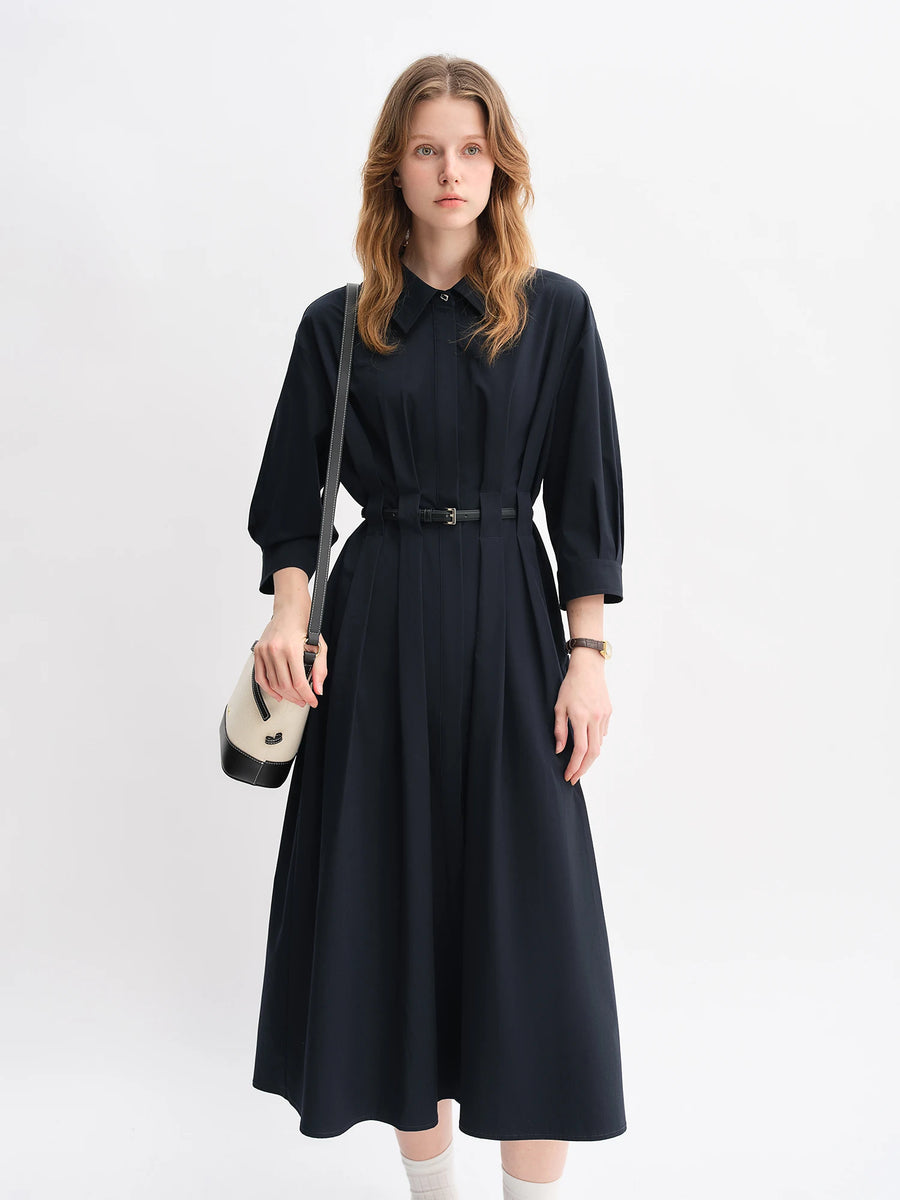 Autumn Vertical Stripe Pleated Shirt Dress with Belt