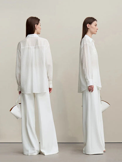 Amii Women Shirts 2026 Spring New Versatile Lapel Long Sleeve Shirt Women's Embroidery Casual Straight Mid‑Length Top 12641067 Loran