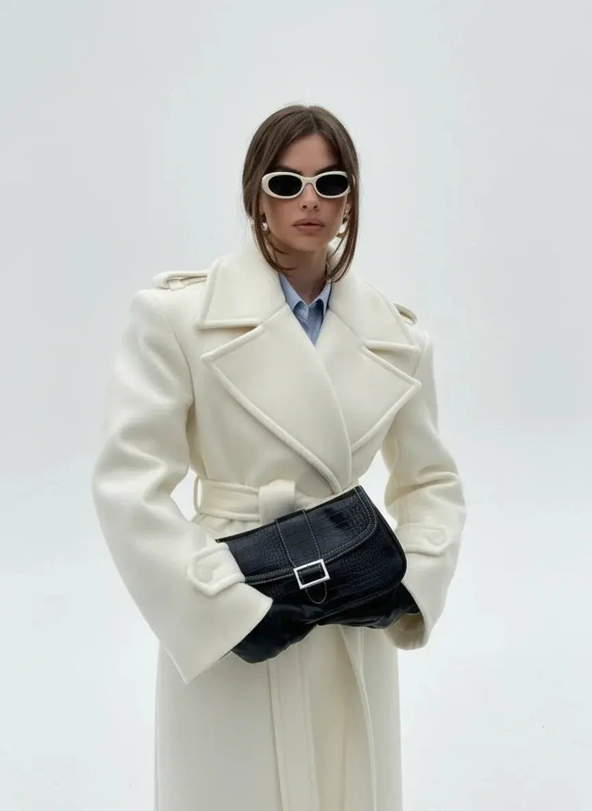 Chic Double-Breasted Wool Coat with Lace-Up Detail - Loran