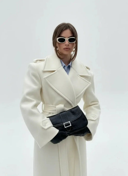 Chic Double-Breasted Wool Coat with Lace-Up Detail - Loran