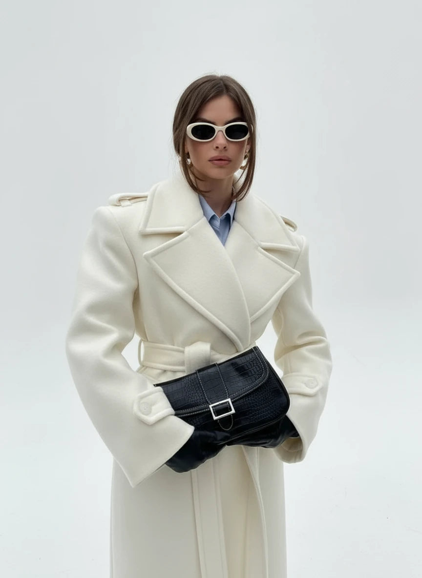 Person wearing a white coat and sunglasses, standing against a stone wall.