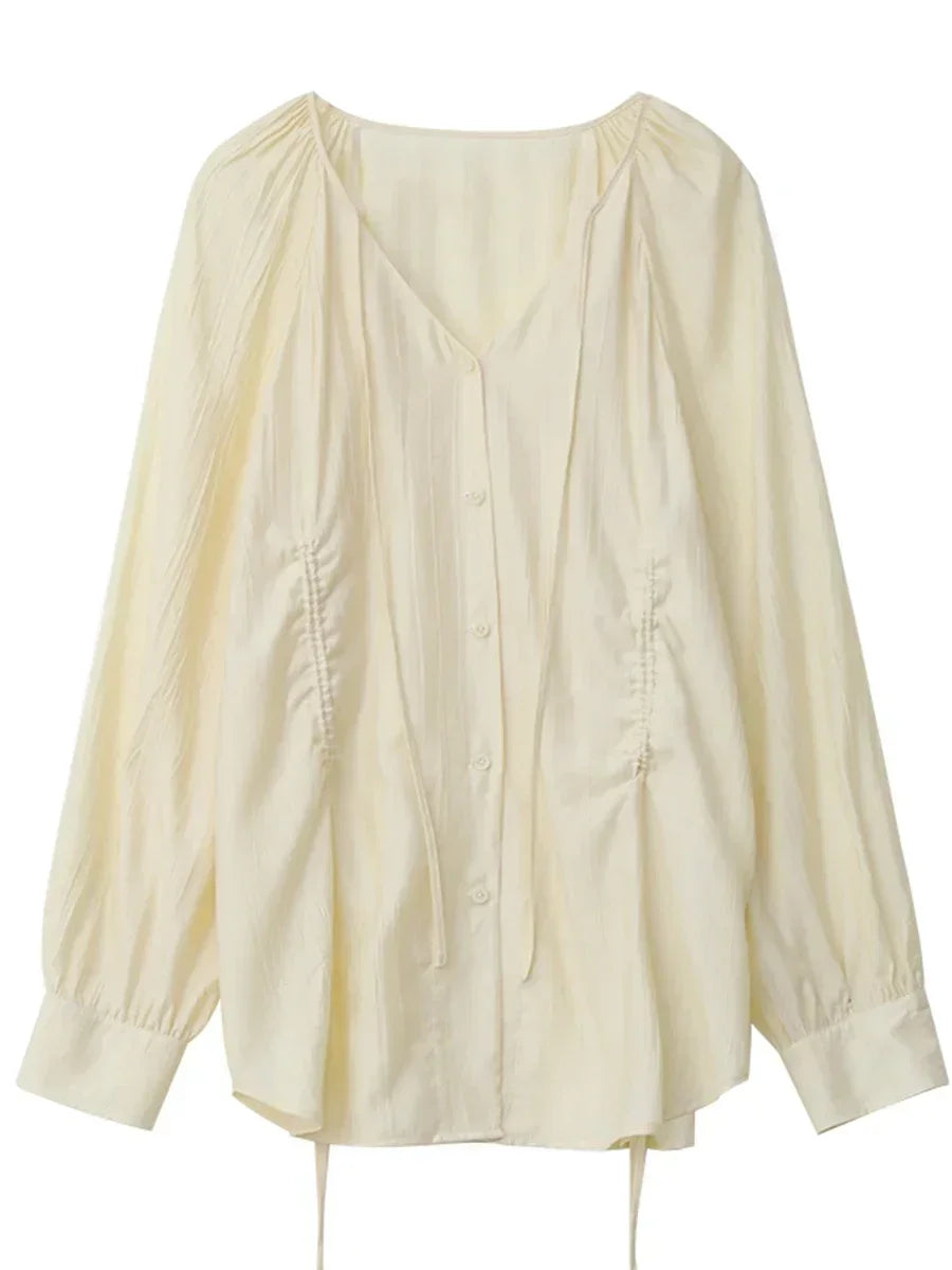 Women’s V-Neck Lace-Up Blouse Loose Pleated Spring Top Loran
