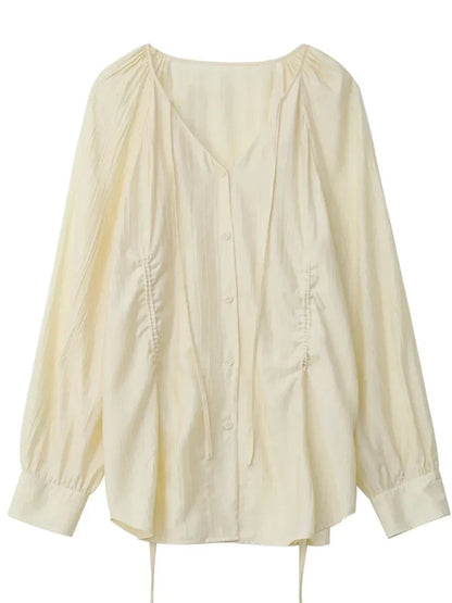 Women’s V-Neck Lace-Up Blouse Loose Pleated Spring Top Loran