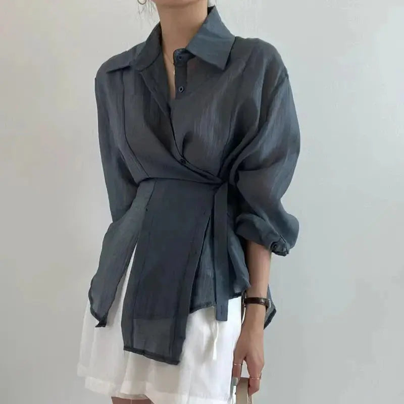 Chic Long Sleeve Button-Down Shirt with Asymmetrical Hem - Loran