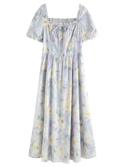 French Romantic Painting Summer Dress Sweet Waist Midi Loran