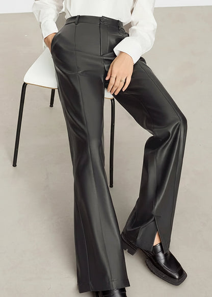 AMII Minimalist PU Leather Casual Pants for Women 2025 Autumn New Loose Floor Length Straight Slit Female Trousers 12343250 Loran