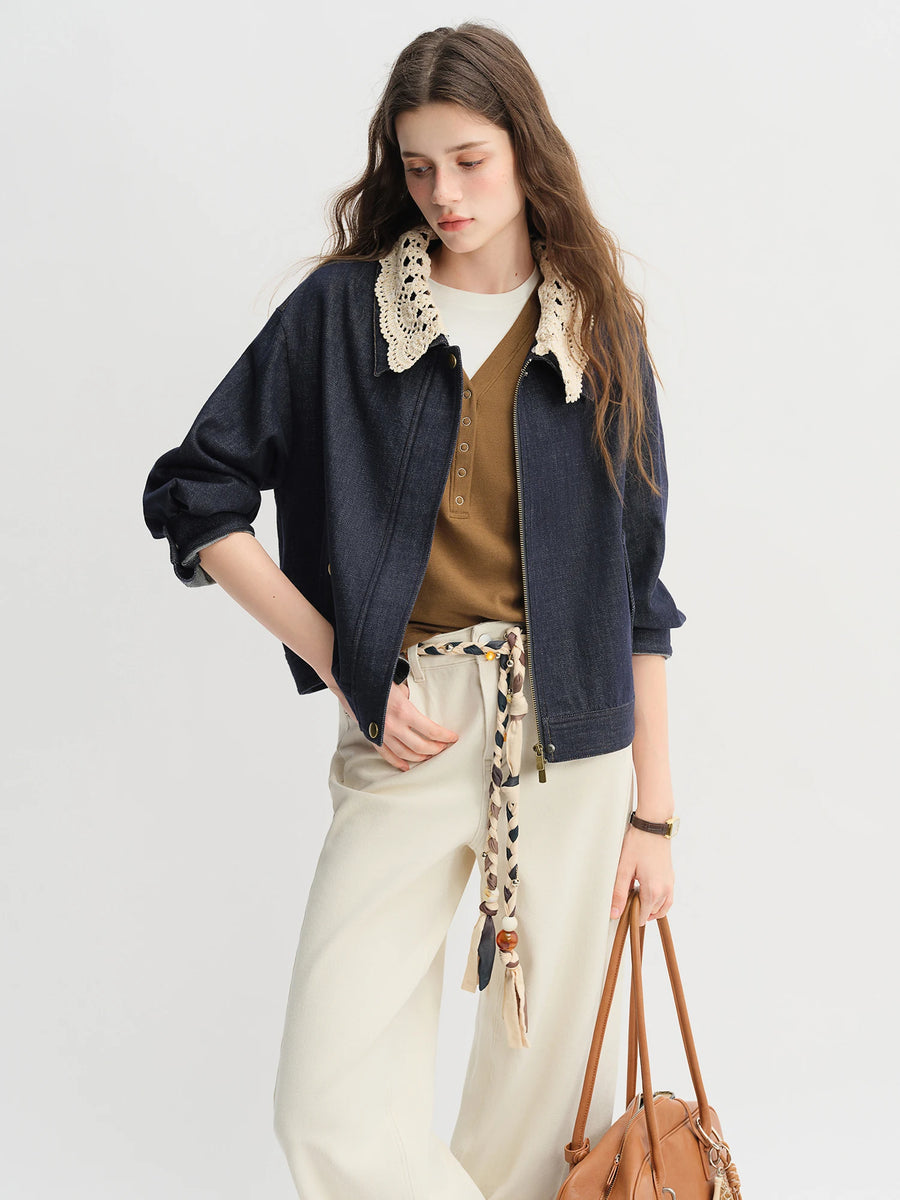 Handmade Sweet Crochet Collar Denim Jacket