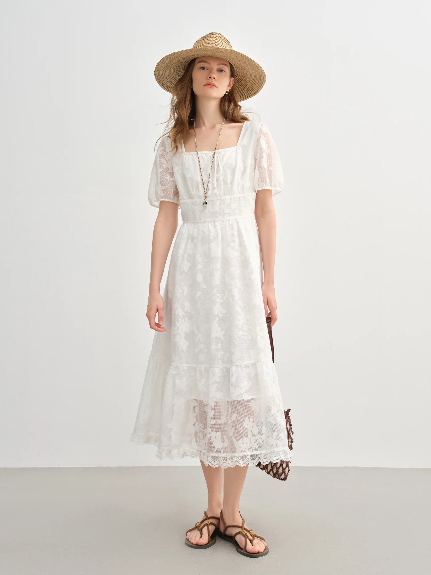 Plus Size White Burnout Dress Elegant Square Neck Summer Loran